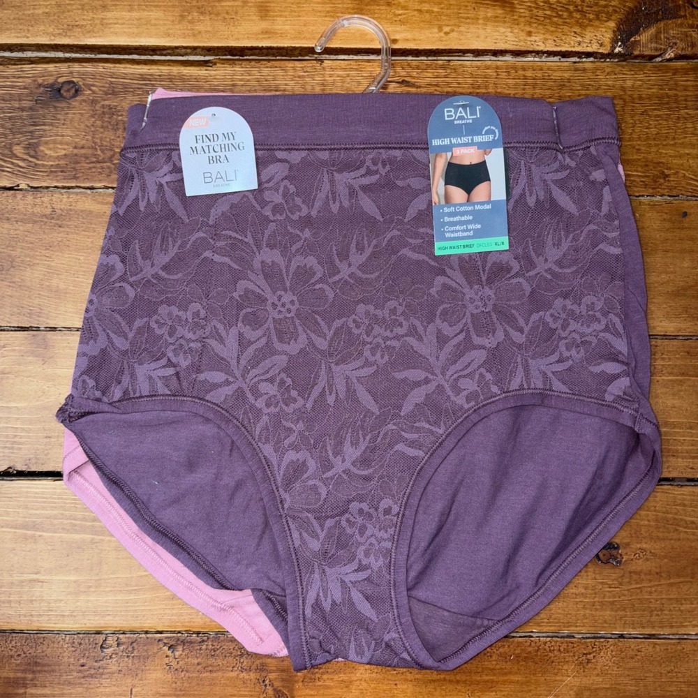 Bali High Waist Brief Womens XL/8 Purple Pink 2 Pack Soft Cotton Modal Lace